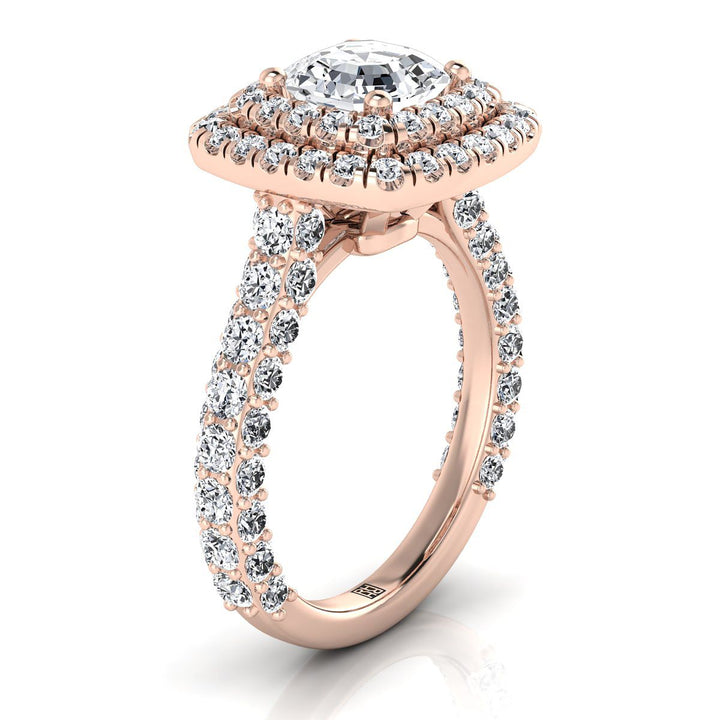 Bold Double Halo Asscher, in 14K Rose Gold, pave setting – side profile | RockHer