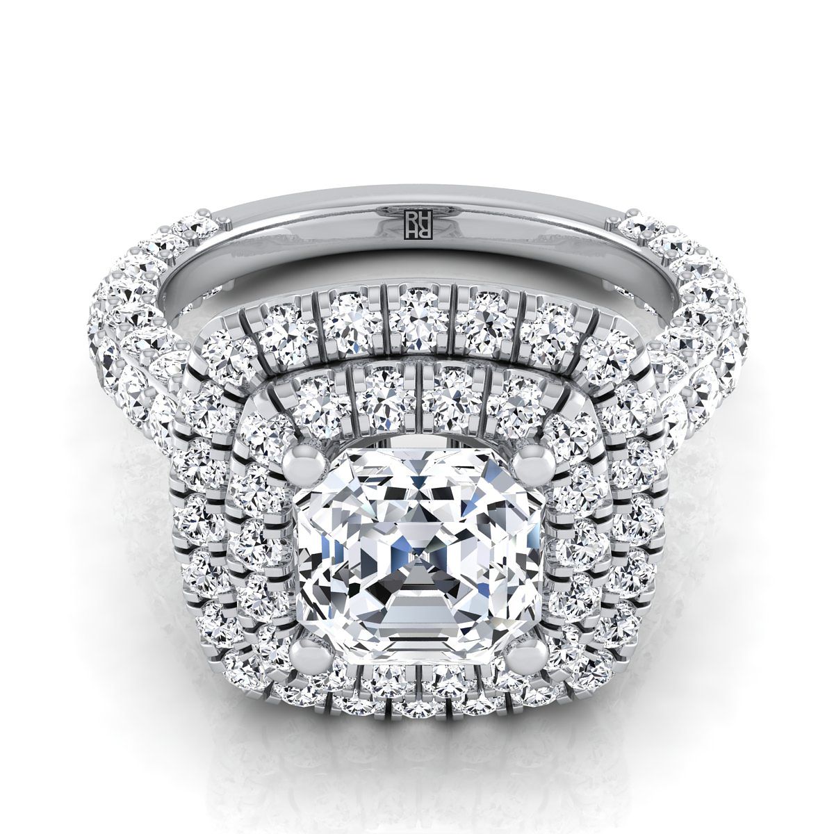 Bold Double Halo Asscher, in 18K White Gold, pave setting | RockHer