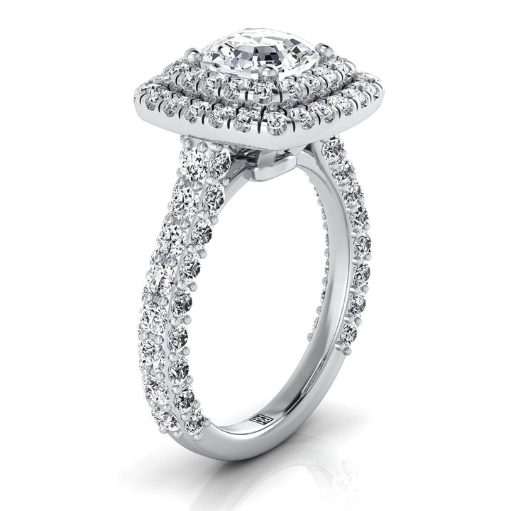 Bold Double Halo Asscher, in 18K White Gold, pave setting – side profile | RockHer