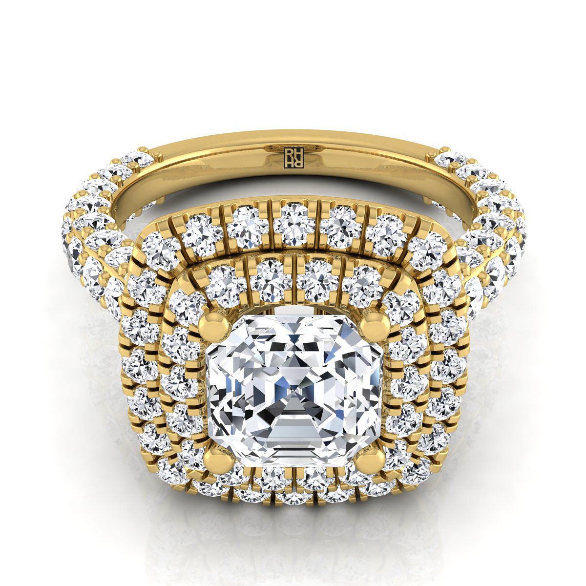 Bold Double Halo Asscher, in 18K Yellow Gold, pave setting | RockHer