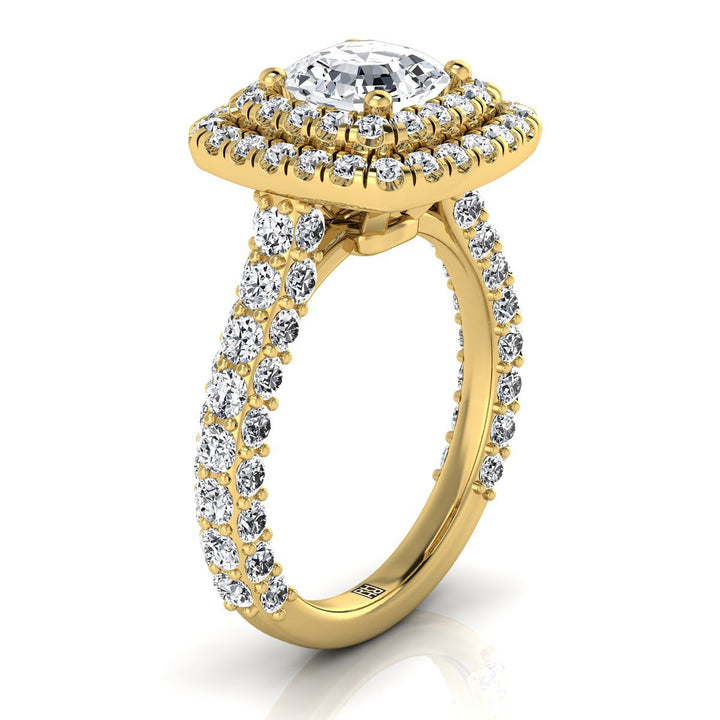 Bold Double Halo Asscher, in 18K Yellow Gold, pave setting – side profile | RockHer