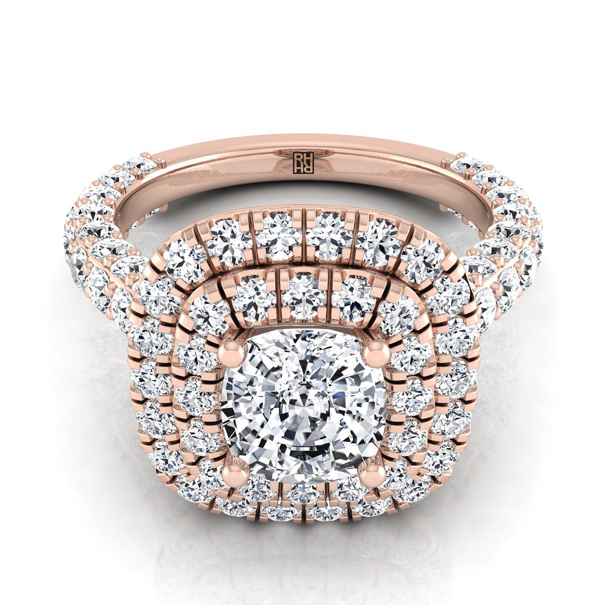 Bold Double Halo Cushion, in 14K Rose Gold, pave setting | RockHer