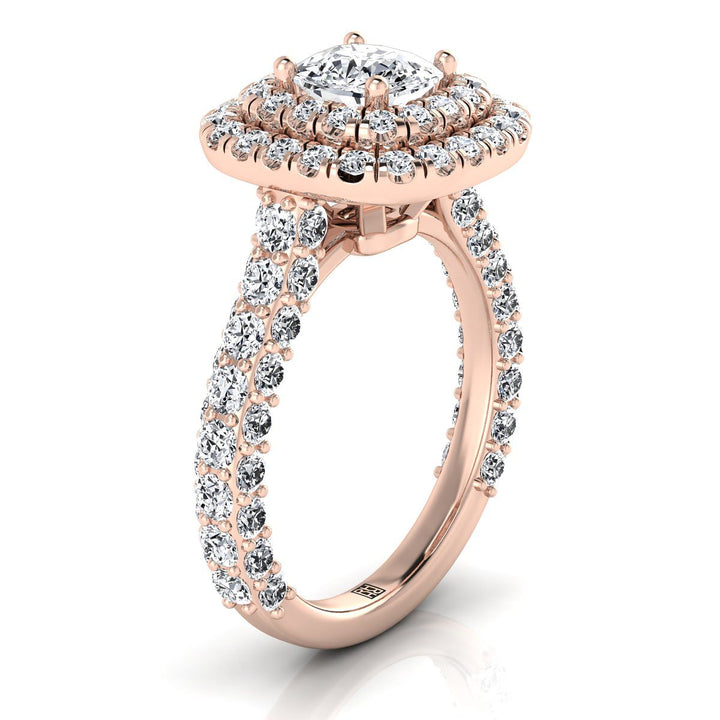 Bold Double Halo Cushion, in 14K Rose Gold, pave setting – side profile | RockHer