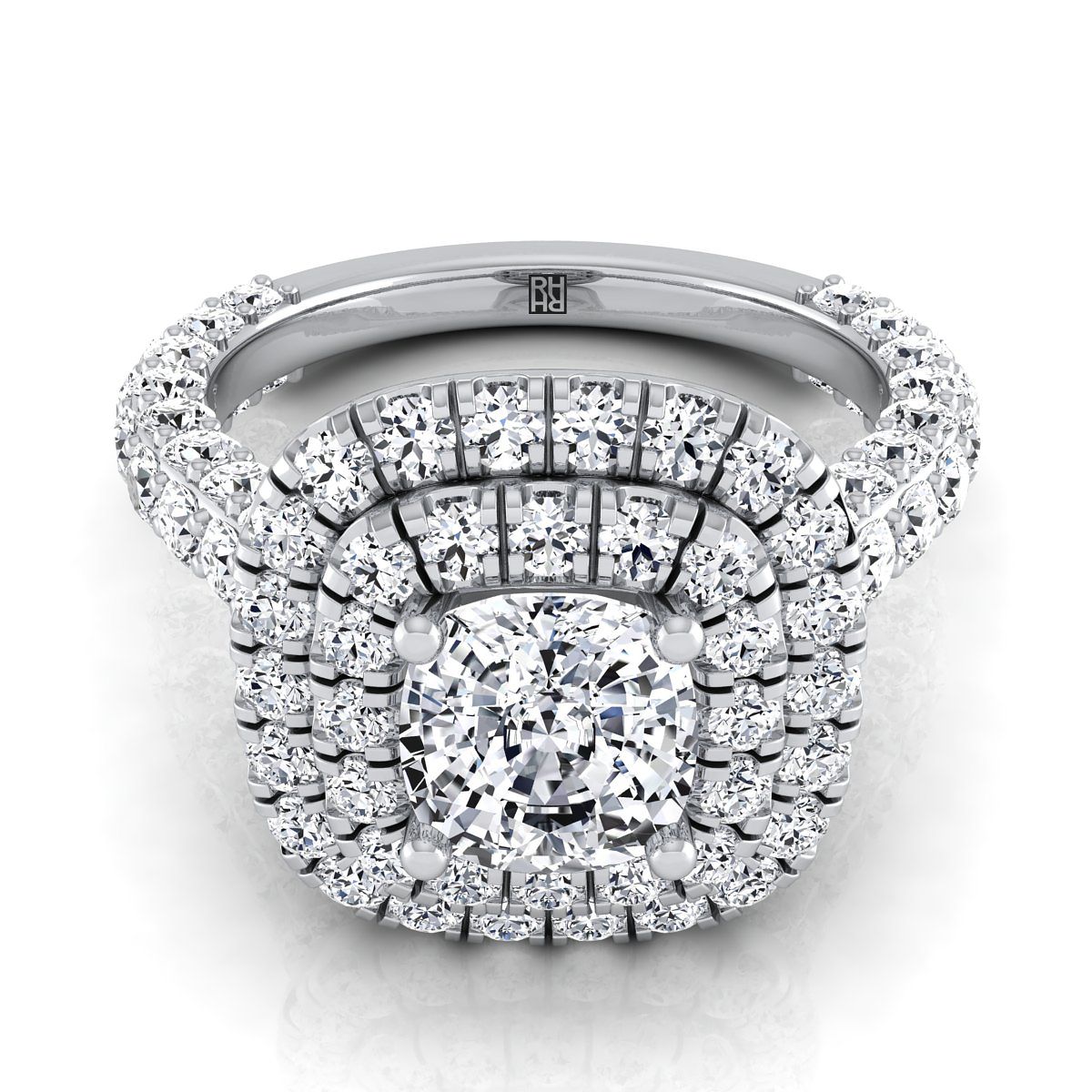 Bold Double Halo Cushion, in 18K White Gold, pave setting | RockHer