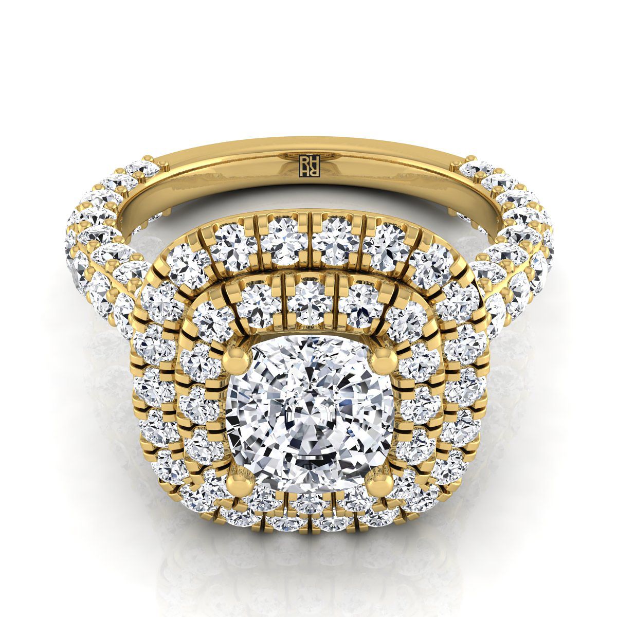 Bold Double Halo Cushion, in 18K Yellow Gold, pave setting | RockHer