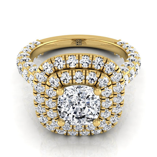 Bold Double Halo Cushion, in 18K Yellow Gold, pave setting | RockHer