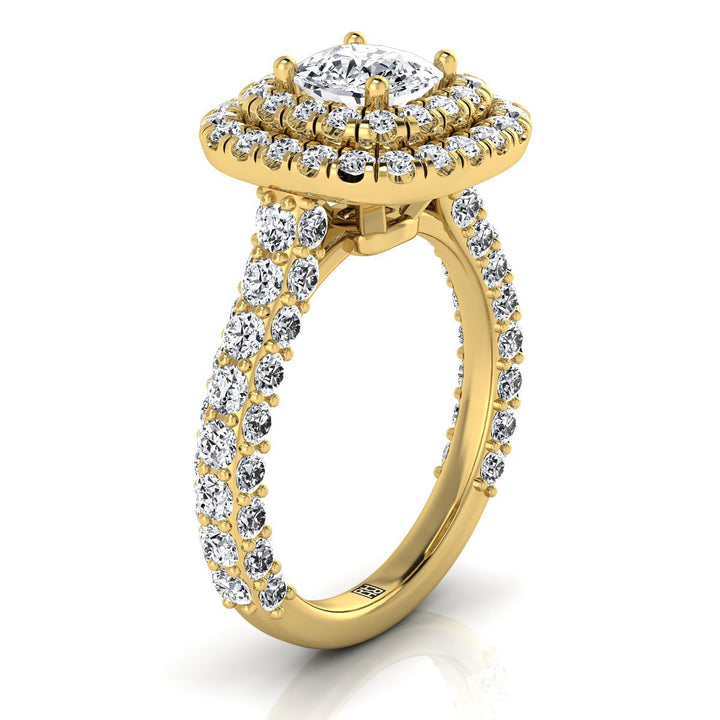 Bold Double Halo Cushion, in 18K Yellow Gold, pave setting – side profile | RockHer