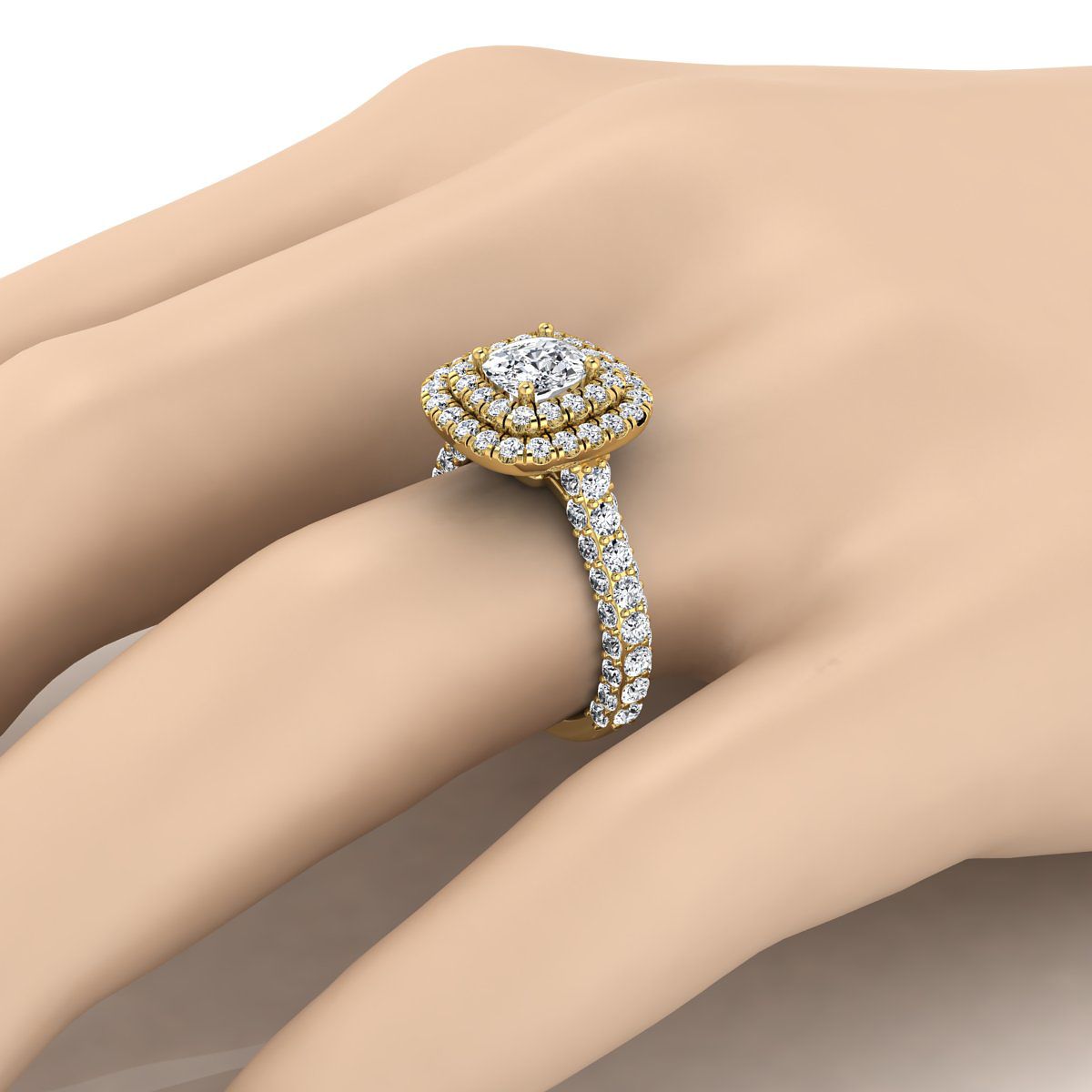 14K Yellow Gold Cushion Diamond Bold and Fancy Double Halo French Pave Engagement Ring -2ctw