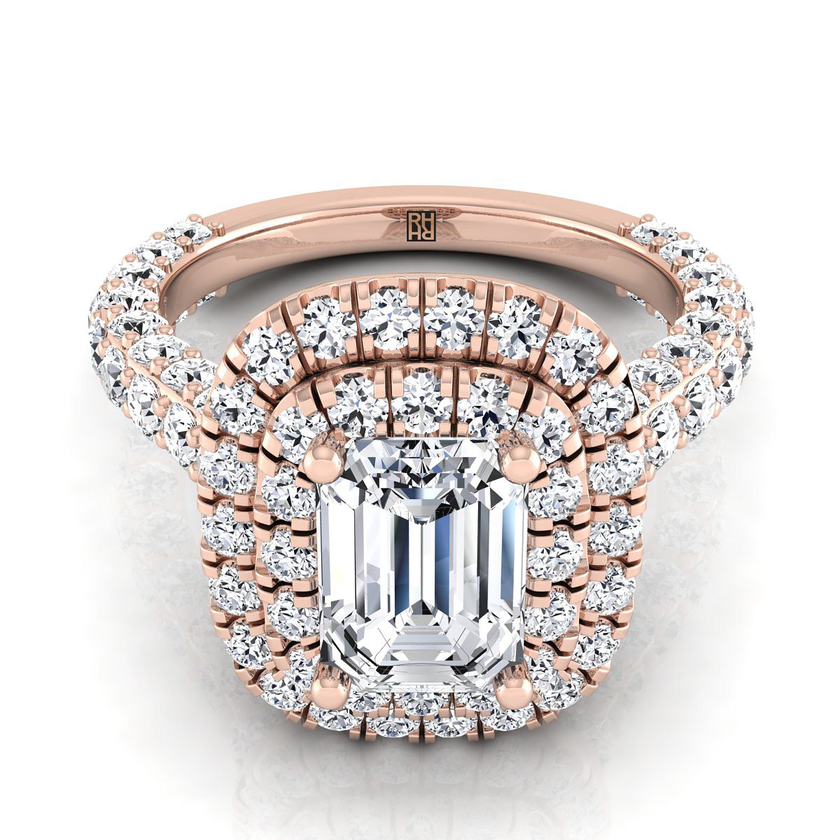 European Cut, Bold Double Halo Emerald, in 14K Rose Gold, pave setting | RockHer
