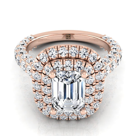 European Cut, Bold Double Halo Emerald, in 14K Rose Gold, pave setting | RockHer