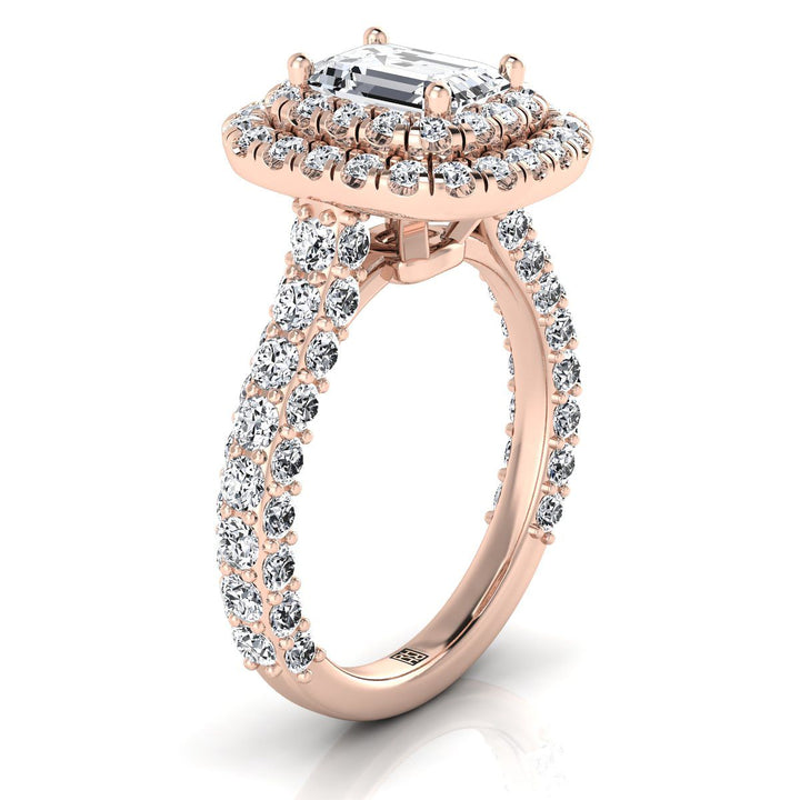 European Cut, Bold Double Halo Emerald, in 14K Rose Gold, pave setting – side profile | RockHer