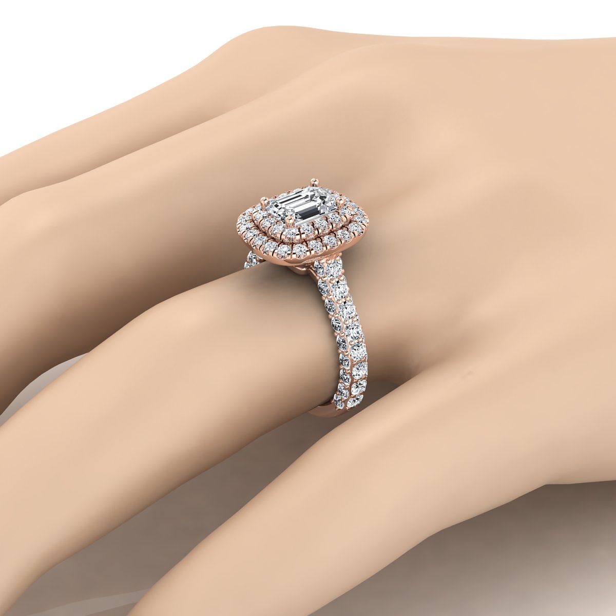 European Cut, Bold Double Halo Emerald, in 14K Rose Gold, pave setting – detail view | RockHer