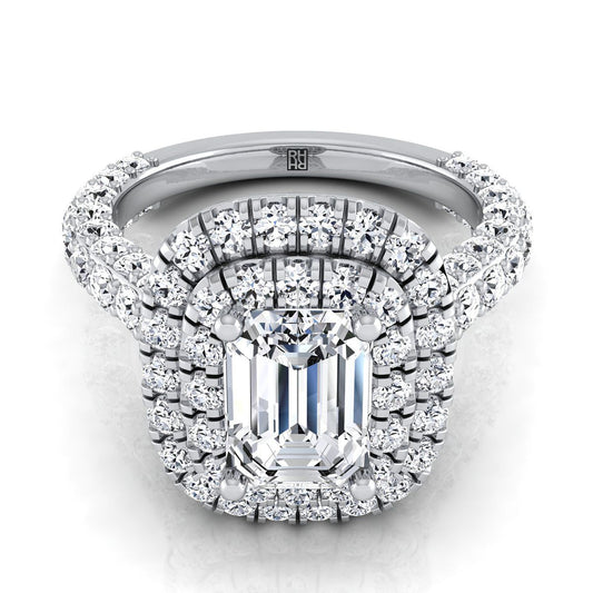European Cut, Bold Double Halo Emerald, in Platinum, pave setting | RockHer