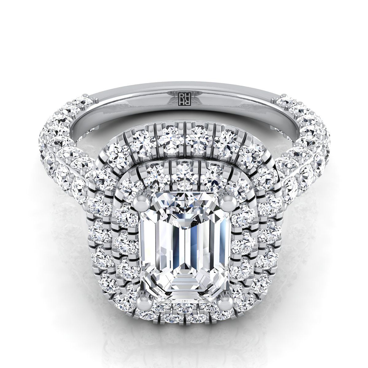 European Cut, Bold Double Halo Emerald, in 18K White Gold, pave setting | RockHer