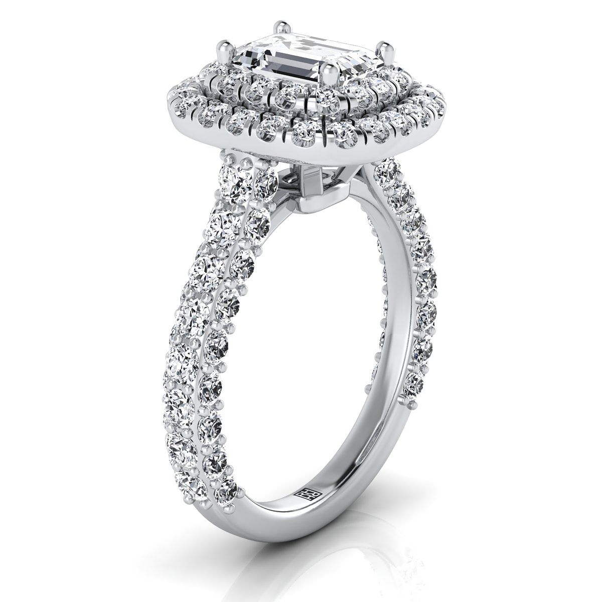 European Cut, Bold Double Halo Emerald, in Platinum, pave setting – side profile | RockHer