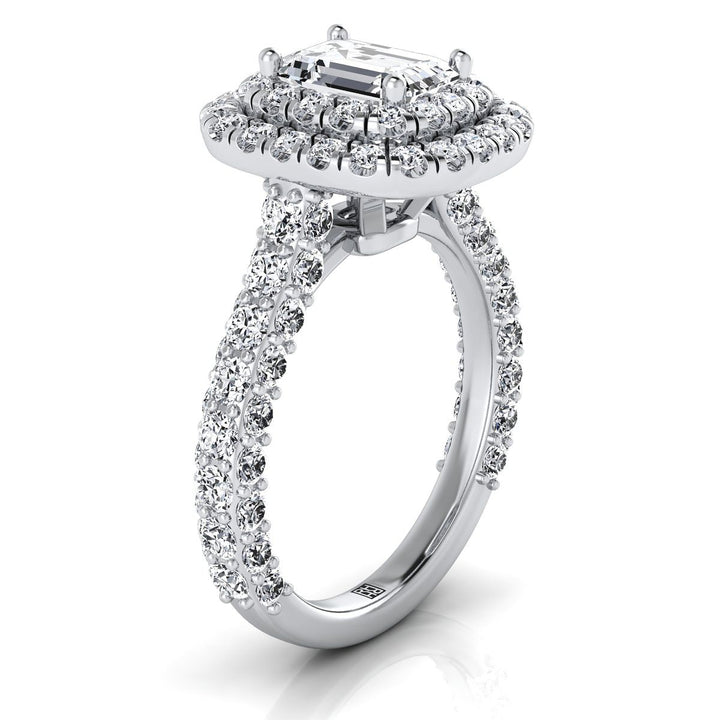 European Cut, Bold Double Halo Emerald, in 18K White Gold, pave setting – side profile | RockHer