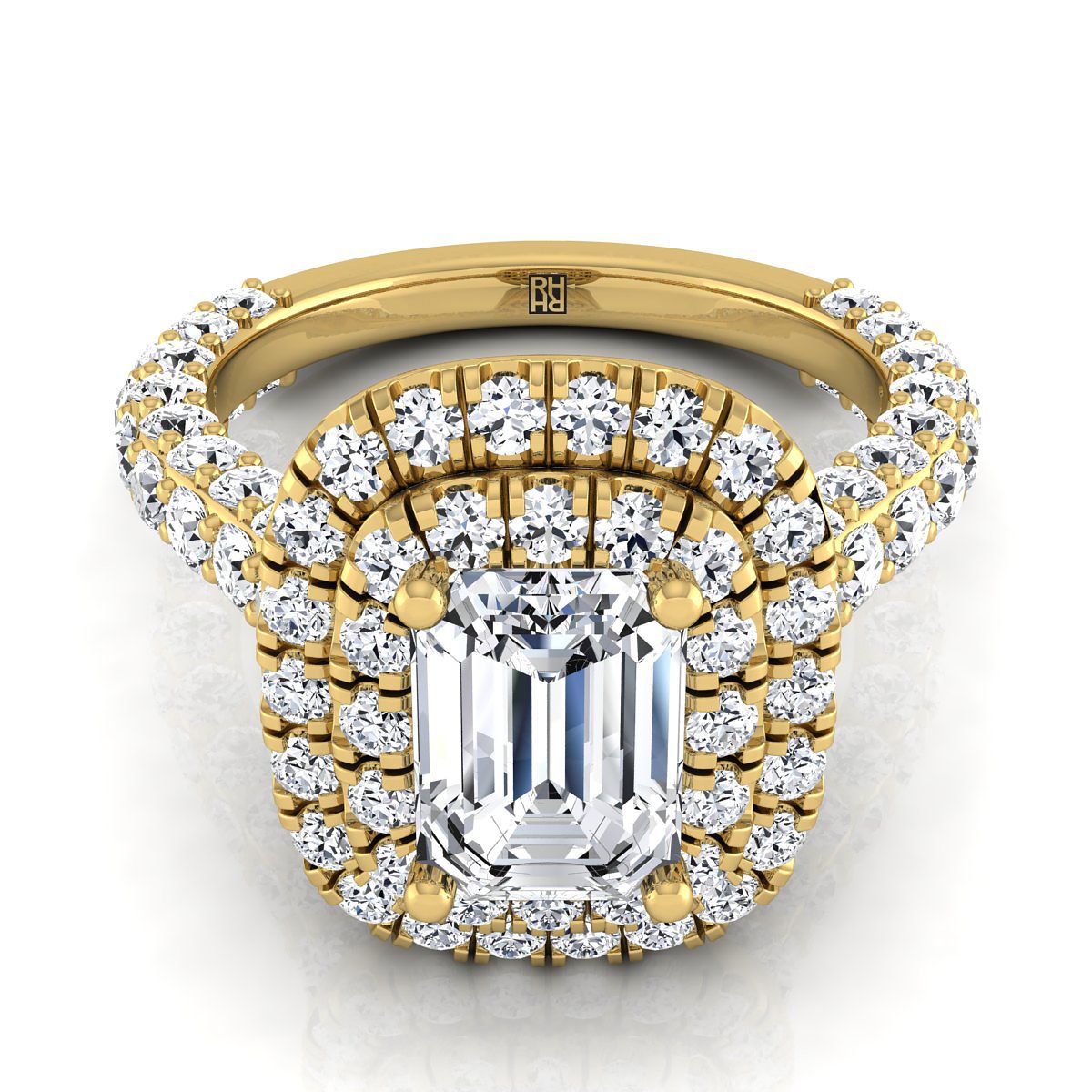 European Cut, Bold Double Halo Emerald, in 18K Yellow Gold, pave setting | RockHer