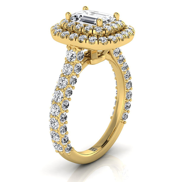 European Cut, Bold Double Halo Emerald, in 18K Yellow Gold, pave setting – side profile | RockHer