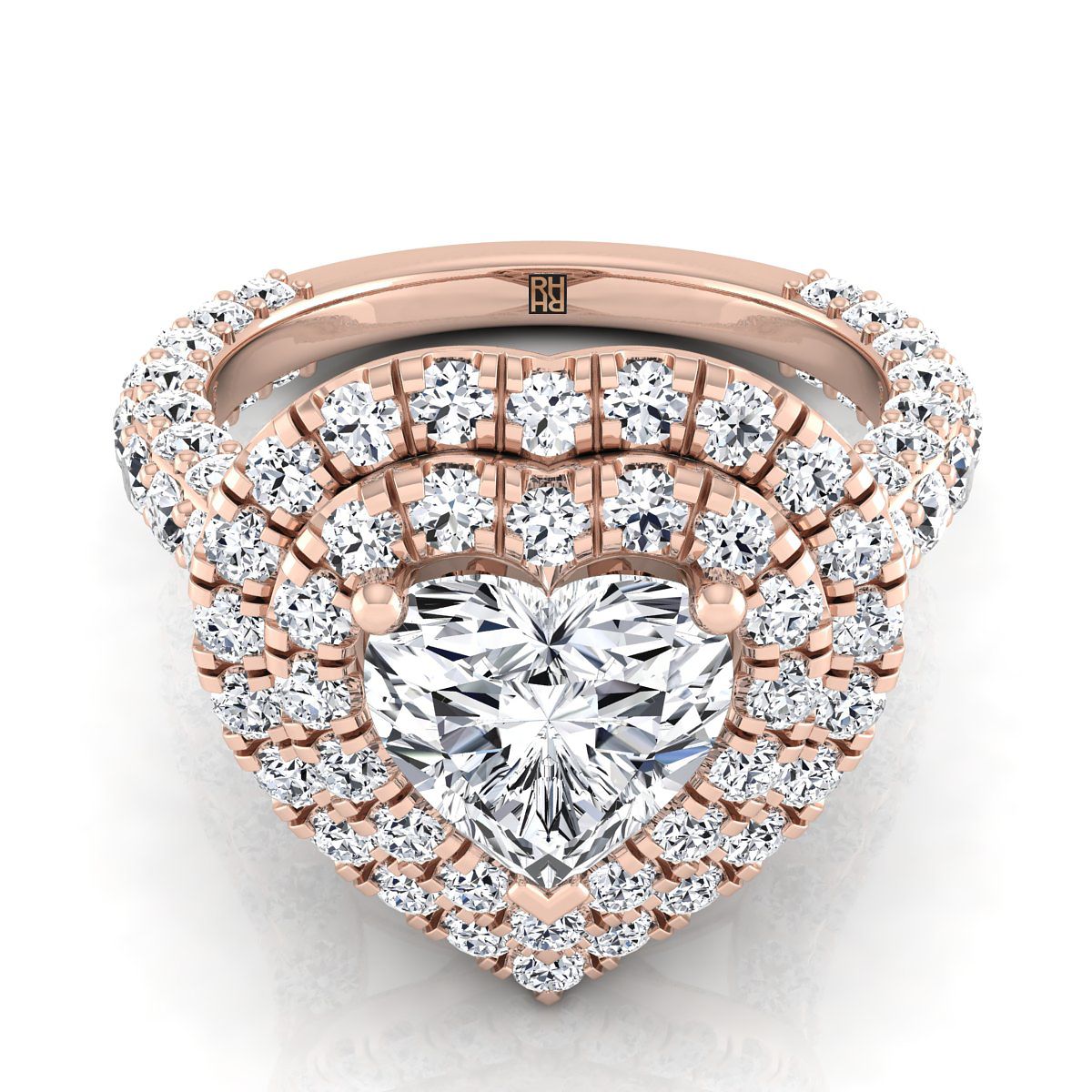 Bold Double Halo Heart Shape, in 14K Rose Gold, pave setting | RockHer