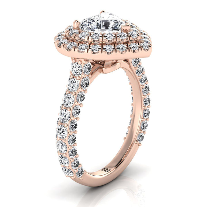 Bold Double Halo Heart Shape, in 14K Rose Gold, pave setting – side profile | RockHer