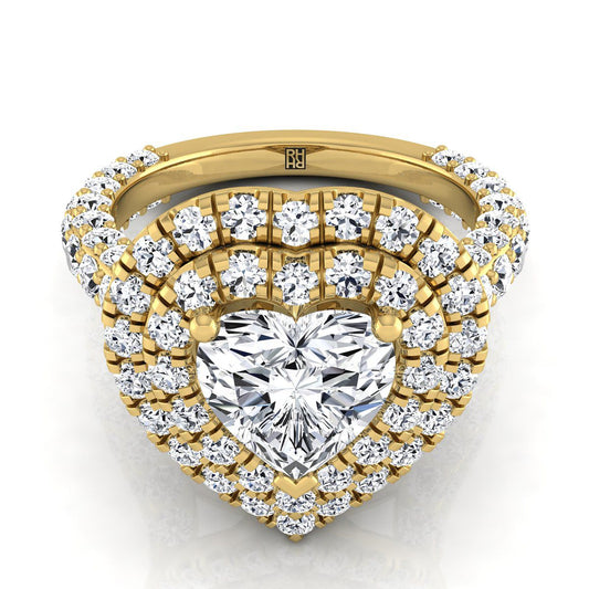Bold Double Halo Heart Shape Engagement Ring Setting in 14K Yellow Gold