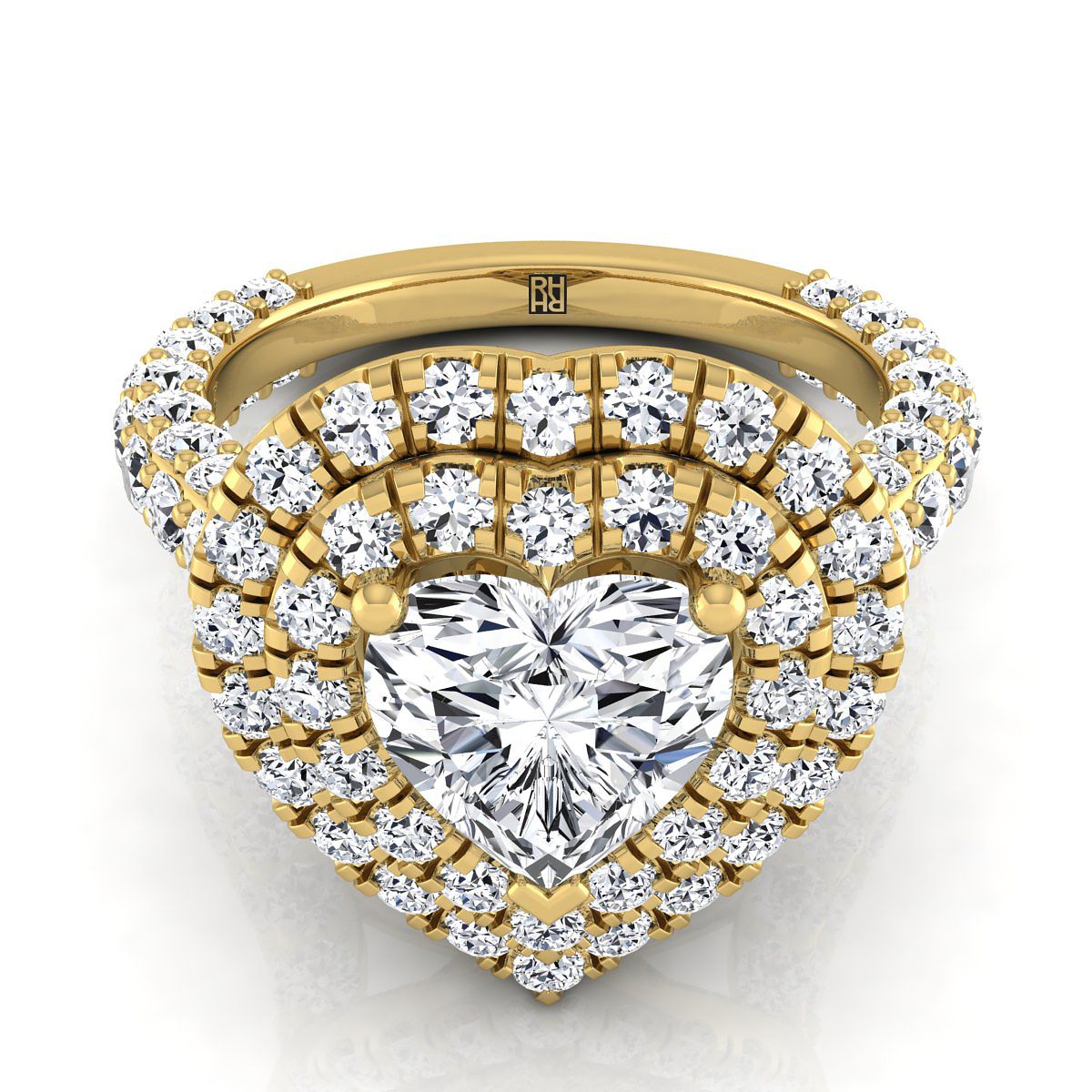 Bold Double Halo Heart Shape, in 18K Yellow Gold, pave setting | RockHer