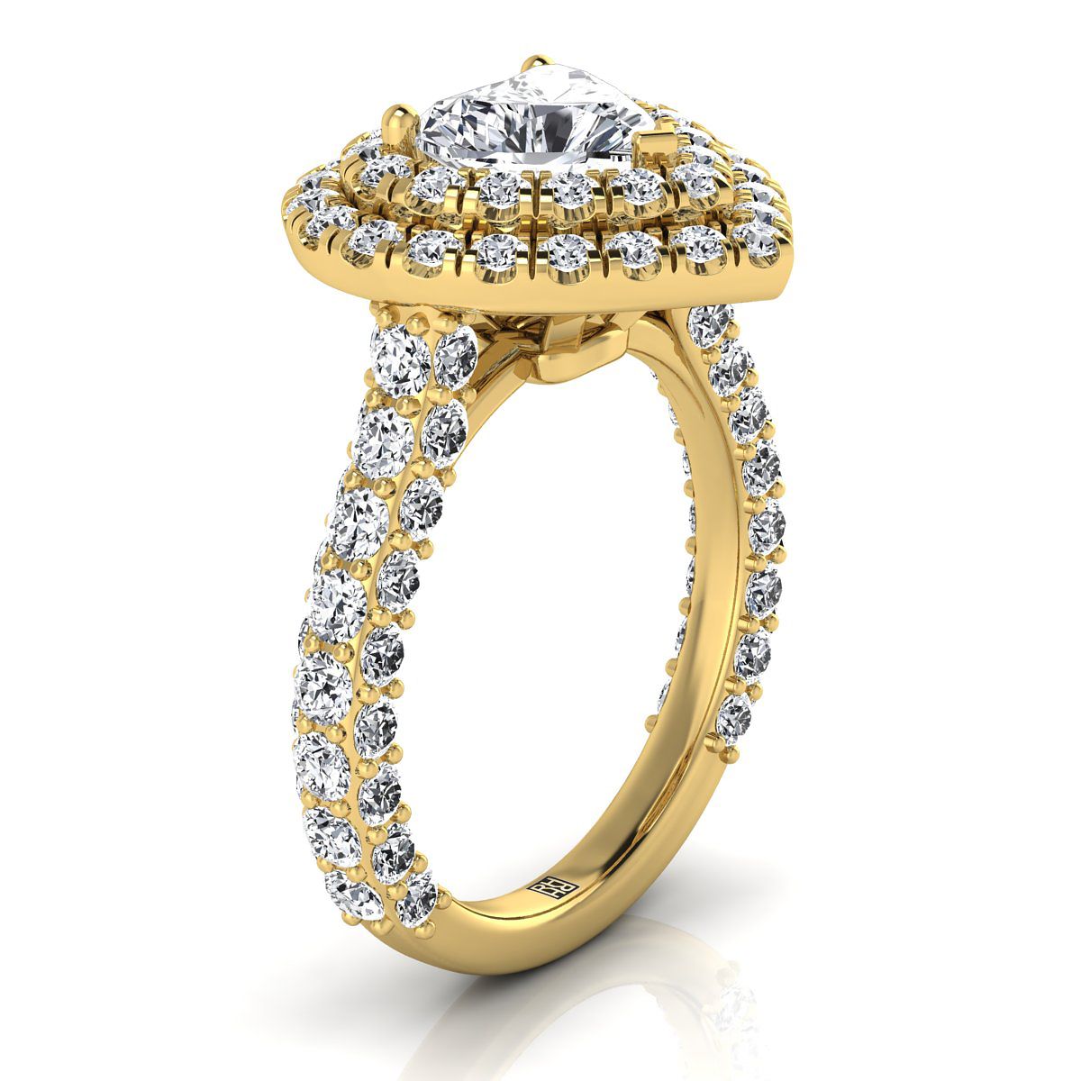 Bold Double Halo Heart Shape, in 18K Yellow Gold, pave setting – side profile | RockHer