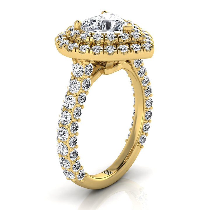 Bold Double Halo Heart Shape, in 18K Yellow Gold, pave setting – side profile | RockHer