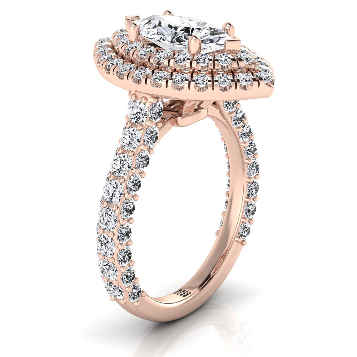 Bold Double Halo Marquise, in 14K Rose Gold, pave setting – side profile | RockHer