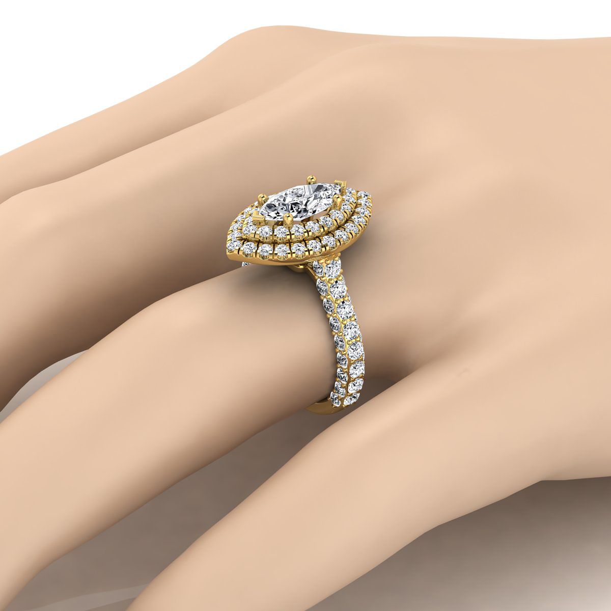Bold Double Halo Marquise, in 18K Yellow Gold, pave setting – detail view | RockHer