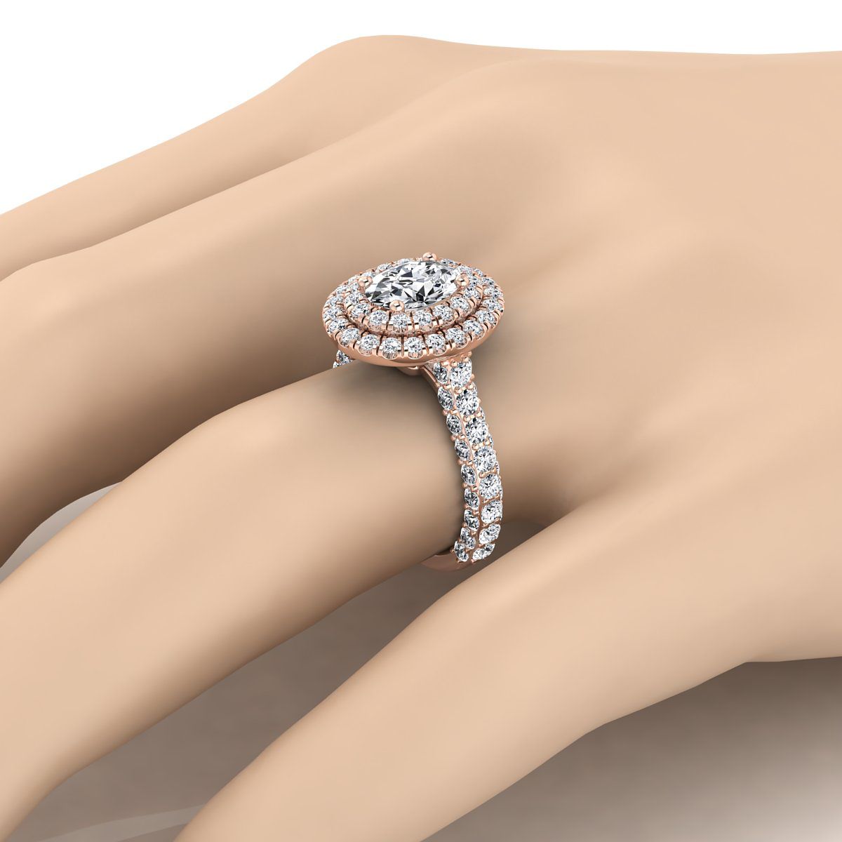 Bold Double Halo Oval, in 14K Rose Gold, pave setting – detail view | RockHer