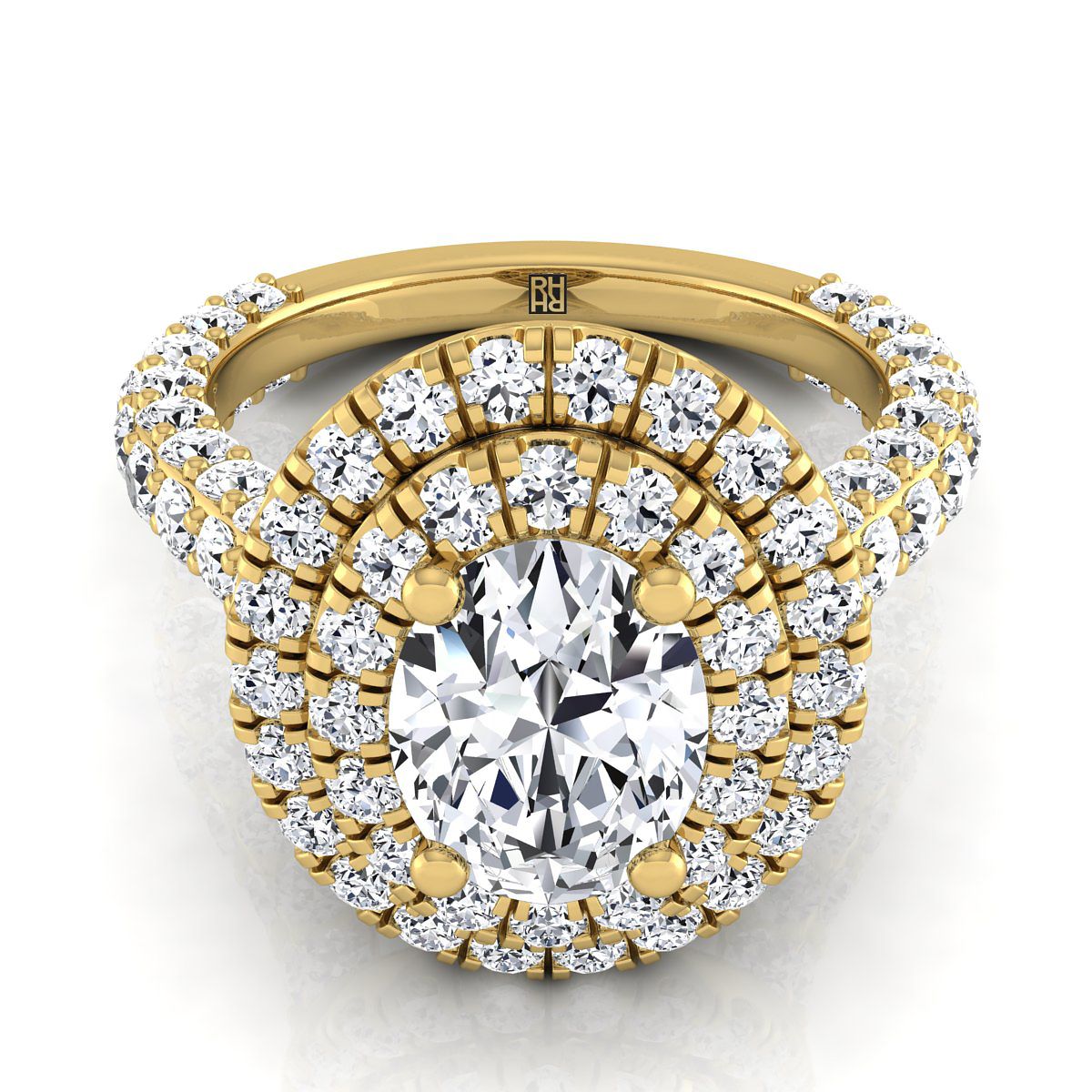 Bold Double Halo Oval, in 18K Yellow Gold, pave setting | RockHer