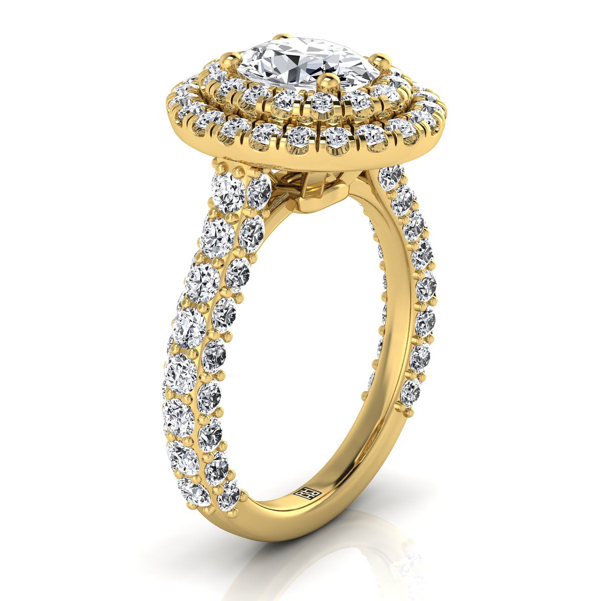 Bold Double Halo Oval, in 18K Yellow Gold, pave setting – side profile | RockHer