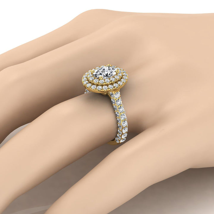 Bold Double Halo Oval, in 18K Yellow Gold, pave setting – detail view | RockHer