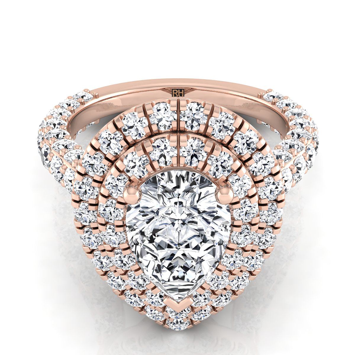 Bold Double Halo Pear Shape, in 14K Rose Gold, pave setting | RockHer