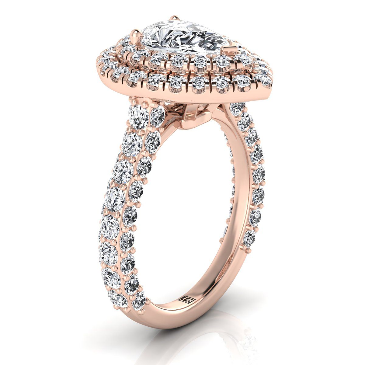 Bold Double Halo Pear Shape, in 14K Rose Gold, pave setting – side profile | RockHer