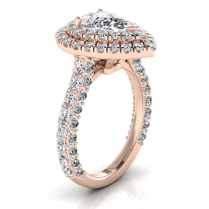 Bold Double Halo Pear Shape, in 14K Rose Gold, pave setting – side profile | RockHer