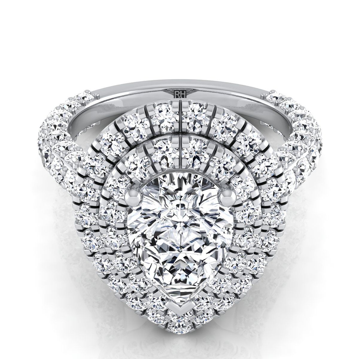 14K White Gold Pear Shape Center Diamond Bold and Fancy Double Halo French Pave Engagement Ring -2ctw