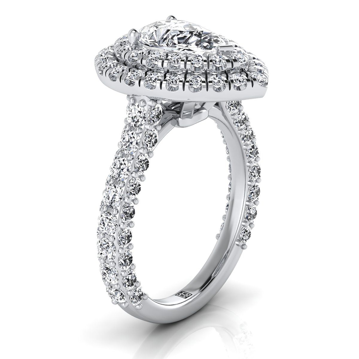 Bold Double Halo Pear Shape, in Platinum, pave setting – side profile | RockHer