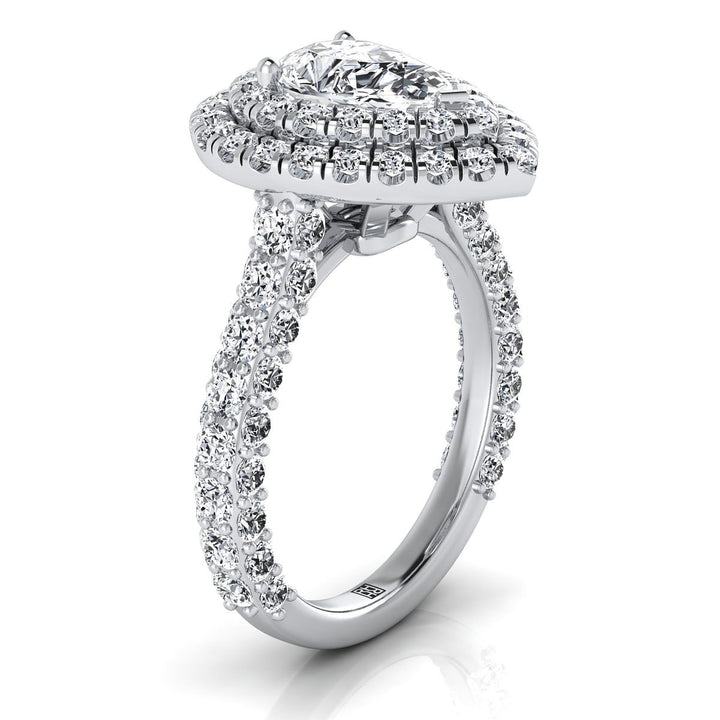 Bold Double Halo Pear Shape, in 18K White Gold, pave setting – side profile | RockHer