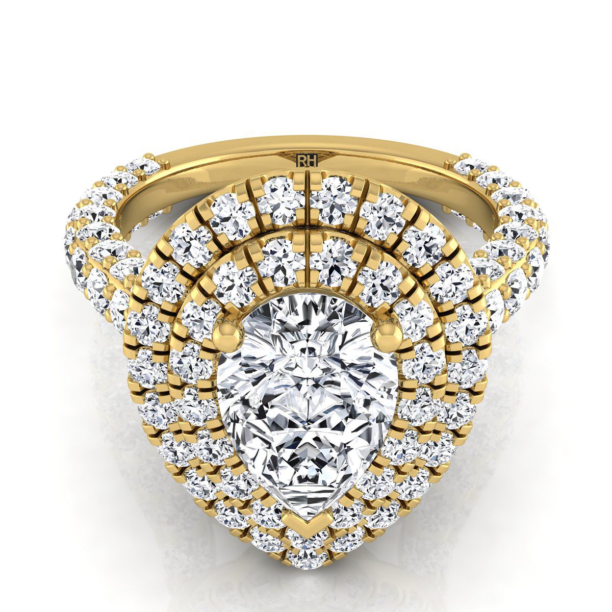 Bold Double Halo Pear Shape, in 18K Yellow Gold, pave setting | RockHer
