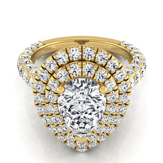 Bold Double Halo Pear Shape, in 18K Yellow Gold, pave setting | RockHer