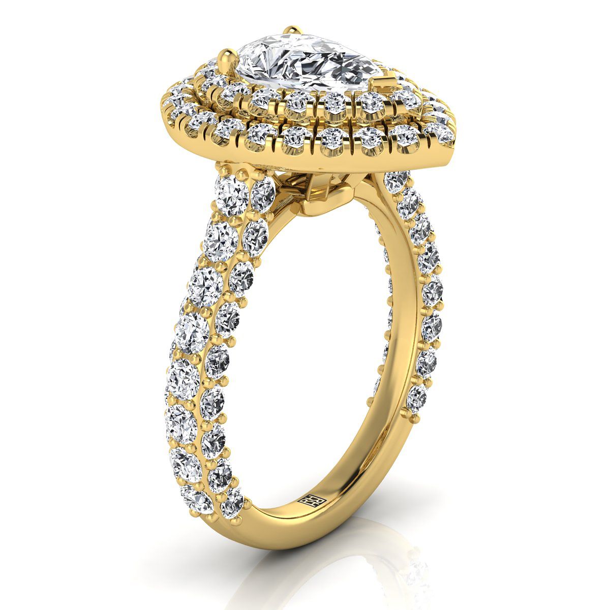 Bold Double Halo Pear Shape, in 18K Yellow Gold, pave setting – side profile | RockHer