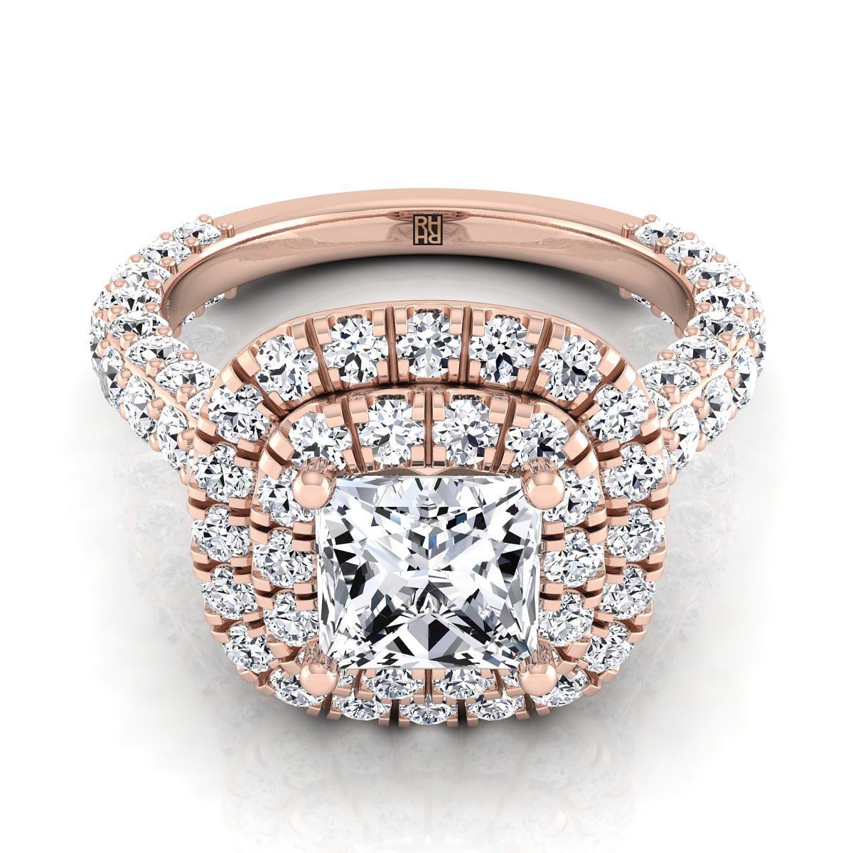Bold Double Halo Princess, in 14K Rose Gold, pave setting | RockHer