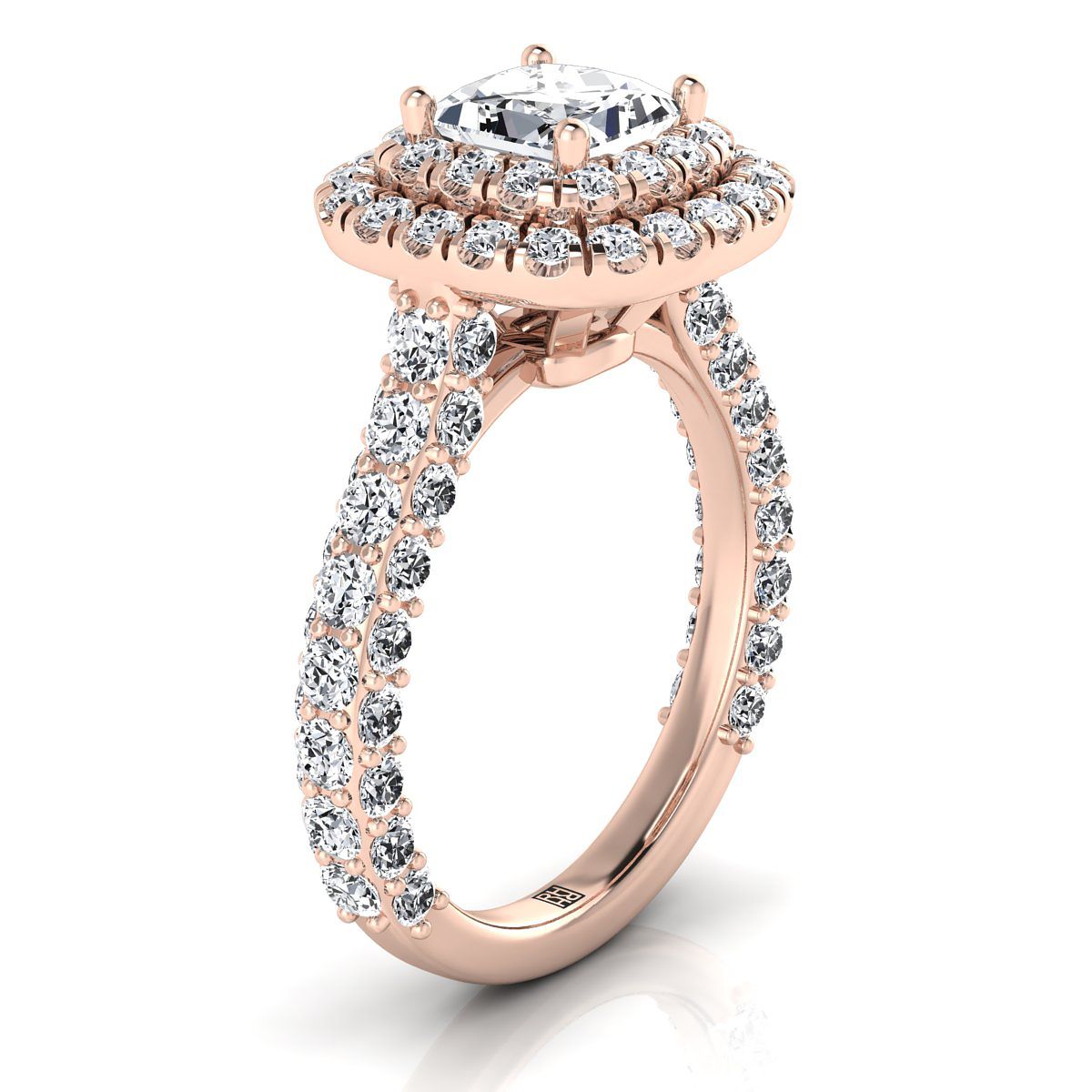 Bold Double Halo Princess, in 14K Rose Gold, pave setting – side profile | RockHer