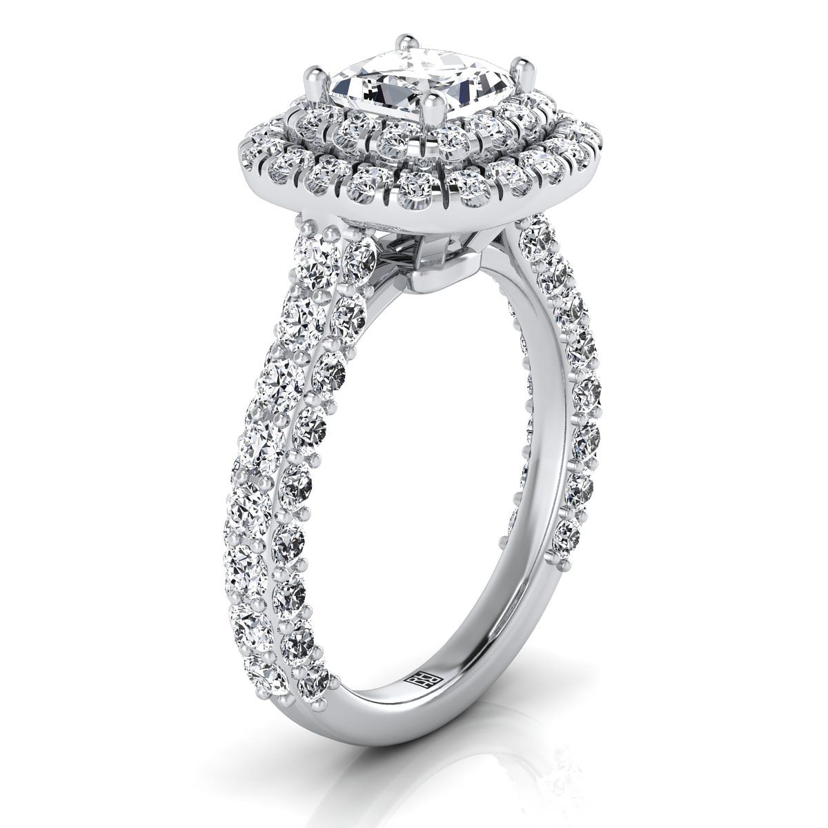 Bold Double Halo Princess, in 18K White Gold, pave setting – side profile | RockHer
