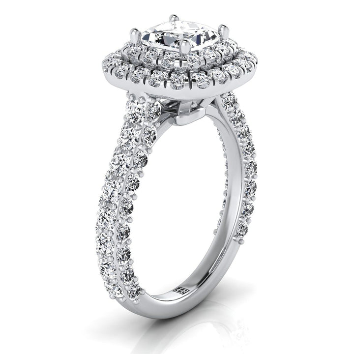 Bold Double Halo Princess, in 18K White Gold, pave setting – side profile | RockHer
