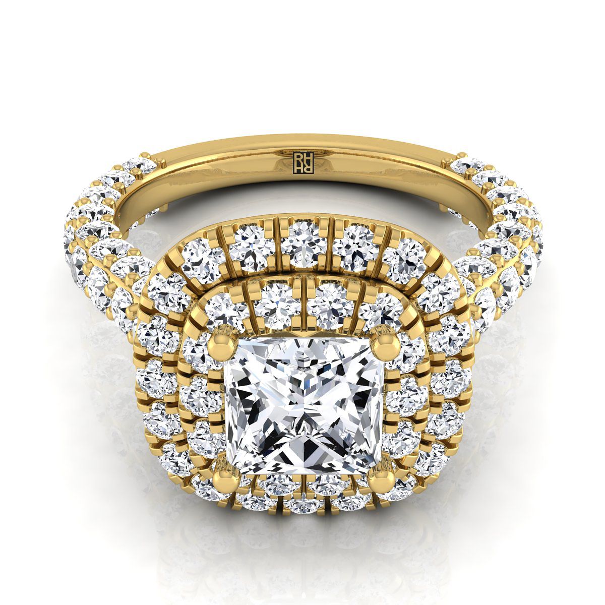 Bold Double Halo Princess, in 18K Yellow Gold, pave setting | RockHer