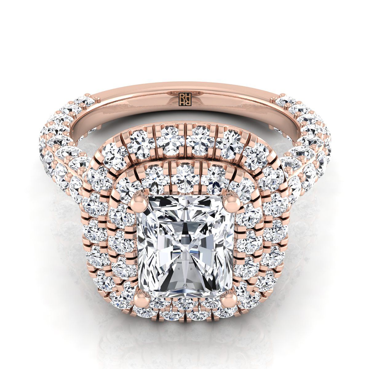 Bold Double Halo Radiant, in 14K Rose Gold, pave setting | RockHer