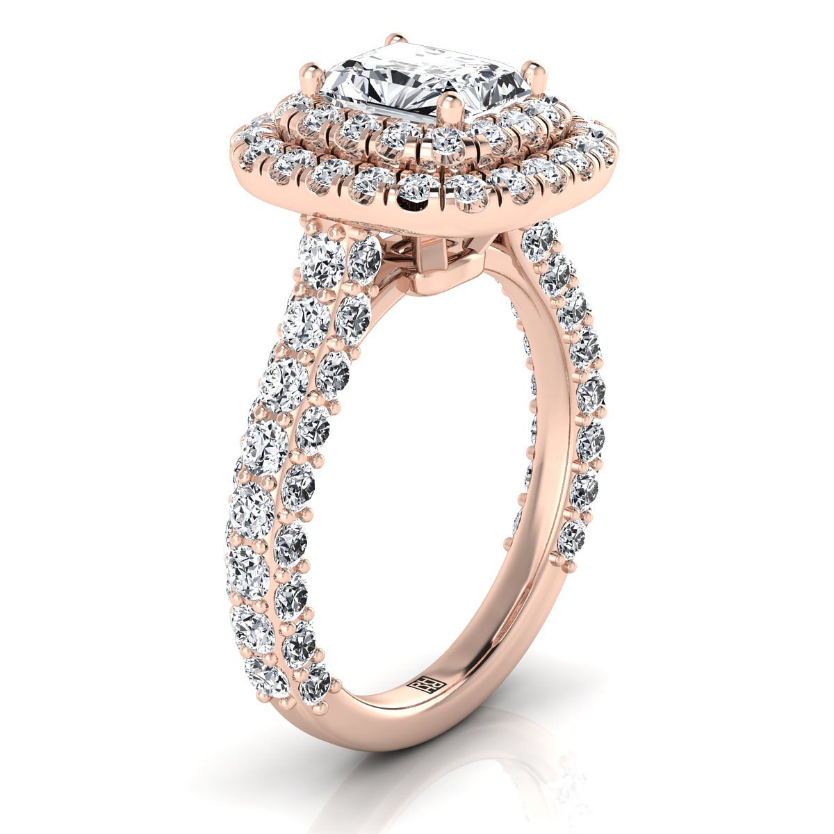 Bold Double Halo Radiant, in 14K Rose Gold, pave setting – side profile | RockHer